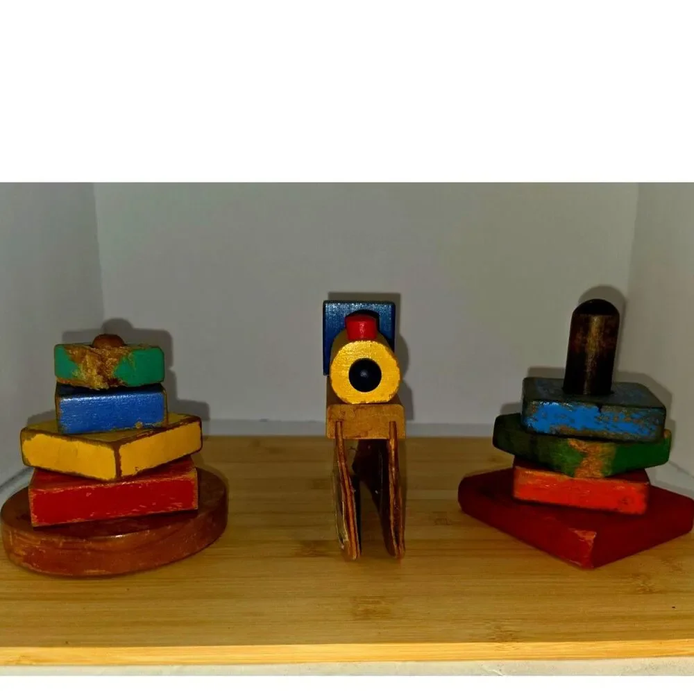Vintage Wooden Toy Lot of 3 1950s Play-Pen Rail Train Geometric Block Stackers